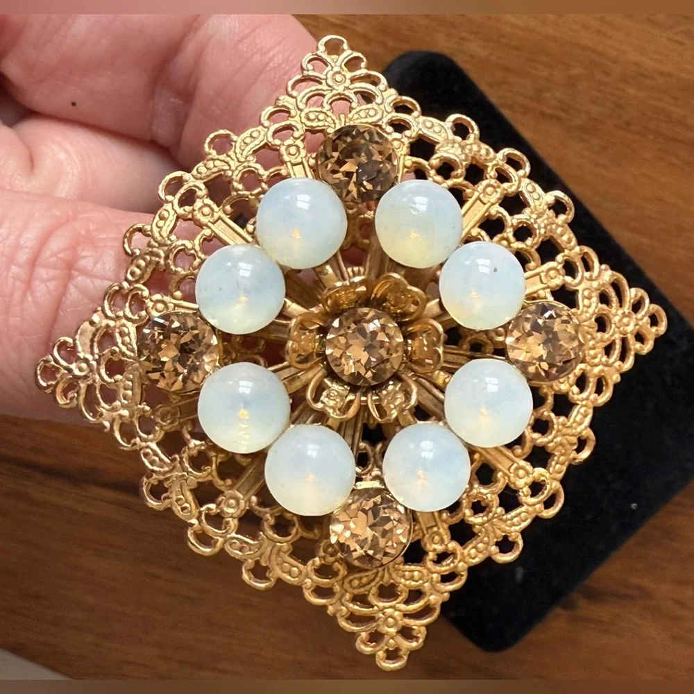 Vintage Filigree Moon Stone Gold Tone Rhinestone Brooch Pin